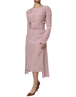 Vestido midi rosa de seda con rayas y mangas largas