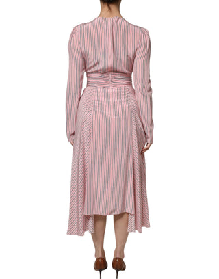 Vestido midi rosa de seda con rayas y mangas largas