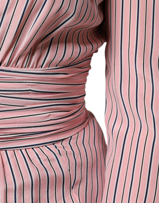 Vestido midi rosa de seda con rayas y mangas largas