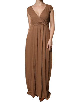 Vestido maxi largo marrón sin mangas con escote profundo en V y corte en línea A