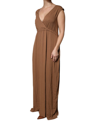 Vestido maxi largo marrón sin mangas con escote profundo en V y corte en línea A