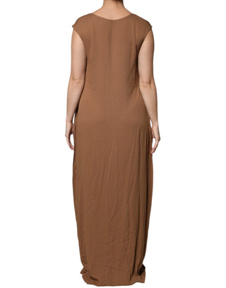 Vestido maxi largo marrón sin mangas con escote profundo en V y corte en línea A