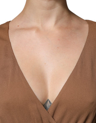 Vestido maxi largo marrón sin mangas con escote profundo en V y corte en línea A
