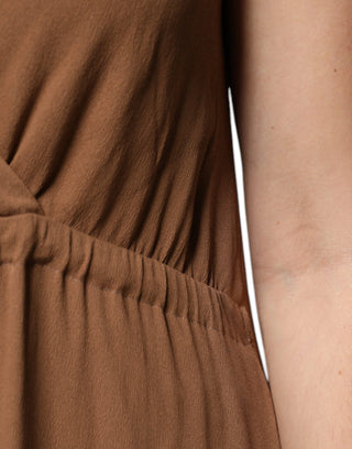 Vestido maxi largo marrón sin mangas con escote profundo en V y corte en línea A