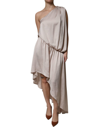 Beiges, asymmetrisches, drapiertes Kleid mit One-Shoulder-Träger
