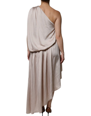 Vestido beige asimétrico con drapeado y un solo hombro