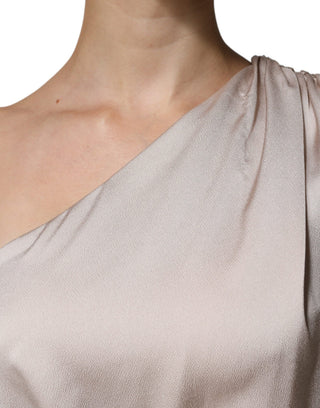 Vestido beige asimétrico con drapeado y un solo hombro