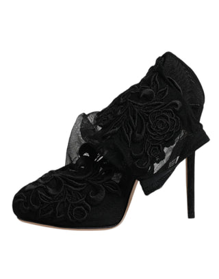 Botas negras de tul elástico con tacones hasta media pantorrilla