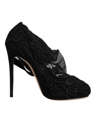 Botas negras de tul elástico con tacones hasta media pantorrilla