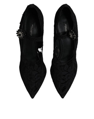 Schwarze Mary-Jane-Pumps aus Spitze mit Kristallen