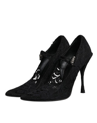 Schwarze Mary-Jane-Pumps aus Spitze mit Kristallen