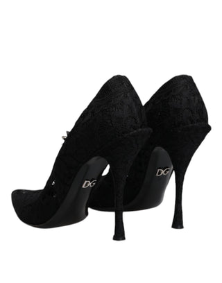 Schwarze Mary-Jane-Pumps aus Spitze mit Kristallen