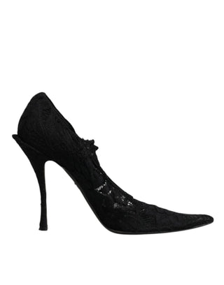 Schwarze Mary-Jane-Pumps aus Spitze mit Kristallen