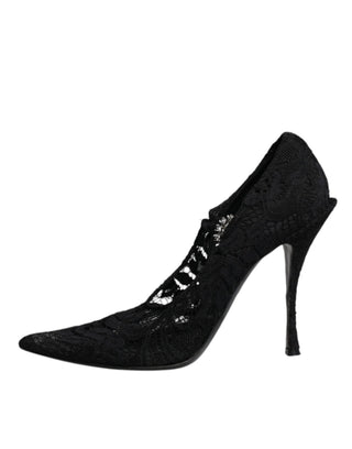 Schwarze Mary-Jane-Pumps aus Spitze mit Kristallen