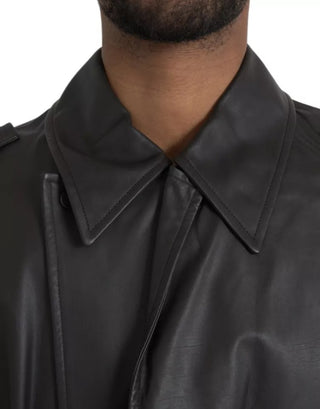 Schwarzer Leder Trenchcoat für Herren, wasserdicht