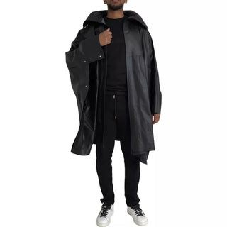 Schwarze Leder-Trenchcoatjacke mit Kapuze für Herren
