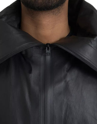 Schwarze Leder-Trenchcoatjacke mit Kapuze für Herren