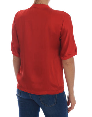 Blusa de cristal floral de seda roja con naranjas