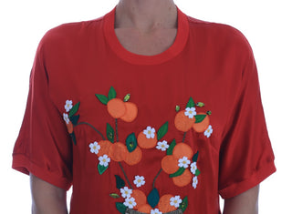 Blusa de cristal floral de seda roja con naranjas