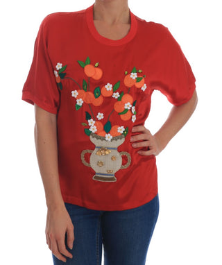 Blusa de cristal floral de seda roja con naranjas