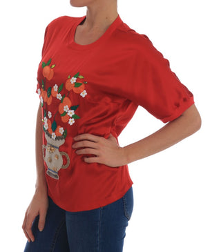 Blusa de cristal floral de seda roja con naranjas