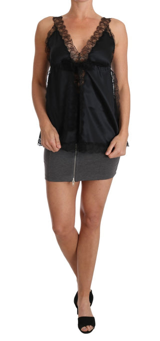 Camiseta de lencería de seda negra con encaje elástico