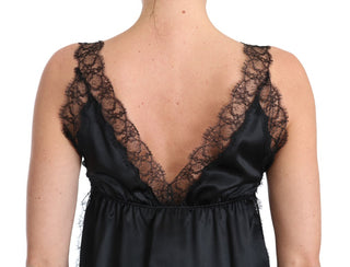 Camiseta de lencería de seda negra con encaje elástico