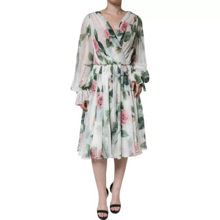 Vestido midi en línea A de seda blanca con estampado floral