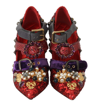Zapatos de tacón con cristales rojos y lentejuelas