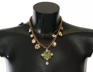 Collar de charms florales de cristal en latón dorado