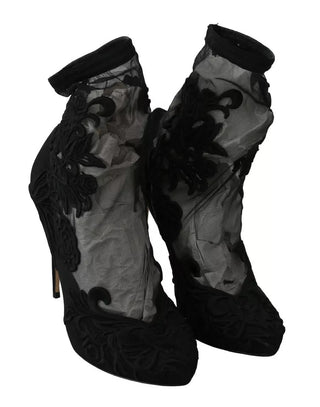 Botines de tul negro elástico con flores