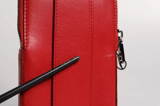 Red Leather Logo Zip Around Card Holder Wide Strap Wallet