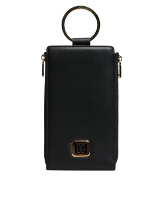 Cartera portatarjetas y monedas con correa de cuello y placa de logo de cuero negro