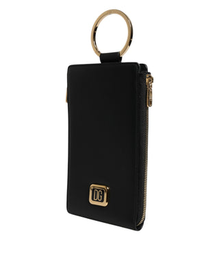Cartera portatarjetas y monedas con correa de cuello y placa de logo de cuero negro