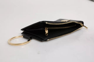 Cartera portatarjetas y monedas con correa de cuello y placa de logo de cuero negro