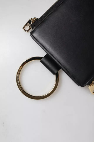 Cartera portatarjetas y monedas con correa de cuello y placa de logo de cuero negro