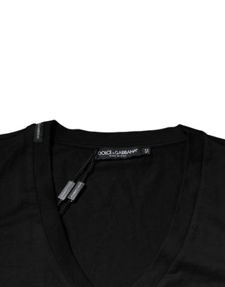 Black Cotton Logo Vneck Short Sleeve T-shirt