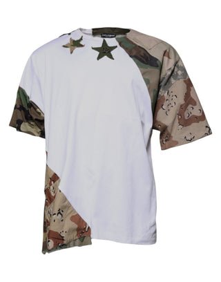 Camiseta de algodón blanca con estampado de camuflaje y cuello redondo