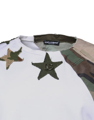Camiseta de algodón blanca con estampado de camuflaje y cuello redondo