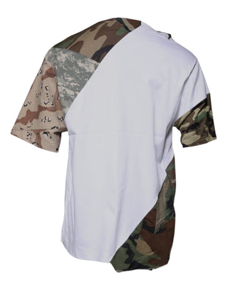 Camiseta de algodón blanca con estampado de camuflaje y cuello redondo