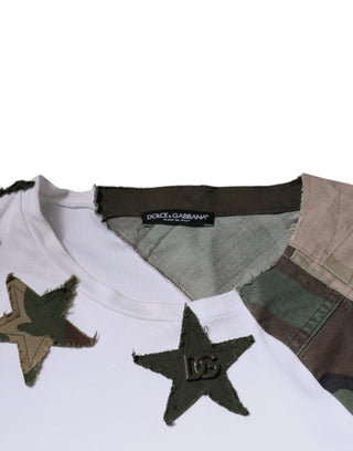 Camiseta de algodón blanca con estampado de camuflaje y cuello redondo