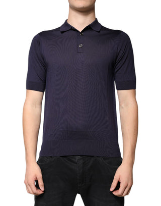 Polo de manga corta azul de seda con cuello