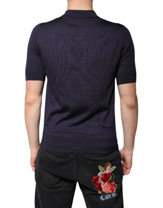 Polo de manga corta azul de seda con cuello