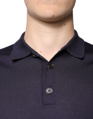Polo de manga corta azul de seda con cuello