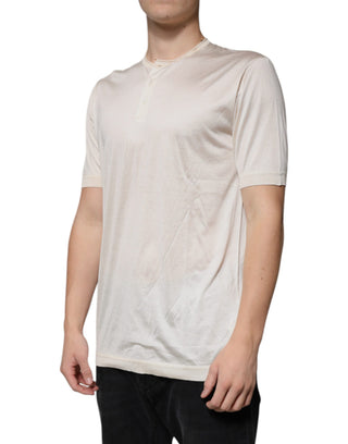 Off White Silk Crew Neck Henley T-shirt