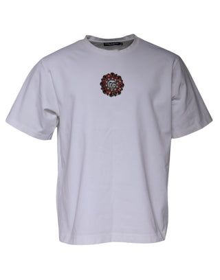 Camiseta blanca con logo adornado y cuello redondo