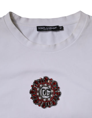 Camiseta blanca con logo adornado y cuello redondo