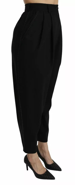 Schwarze High-Waist-Hose aus Wolle mit Bundfalten und Cropped-Schnitt