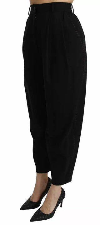Schwarze High-Waist-Hose aus Wolle mit Bundfalten und Cropped-Schnitt