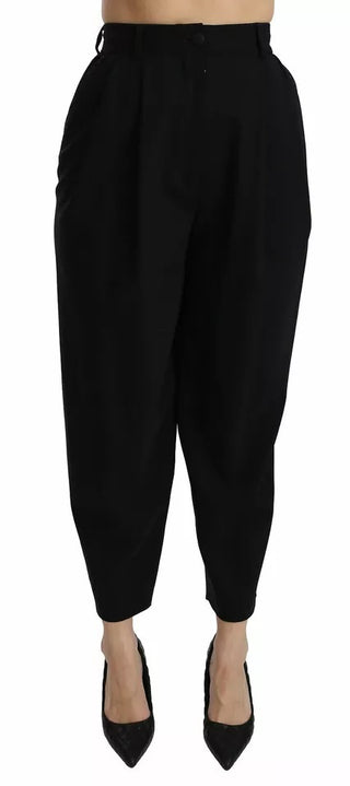 Schwarze High-Waist-Hose aus Wolle mit Bundfalten und Cropped-Schnitt